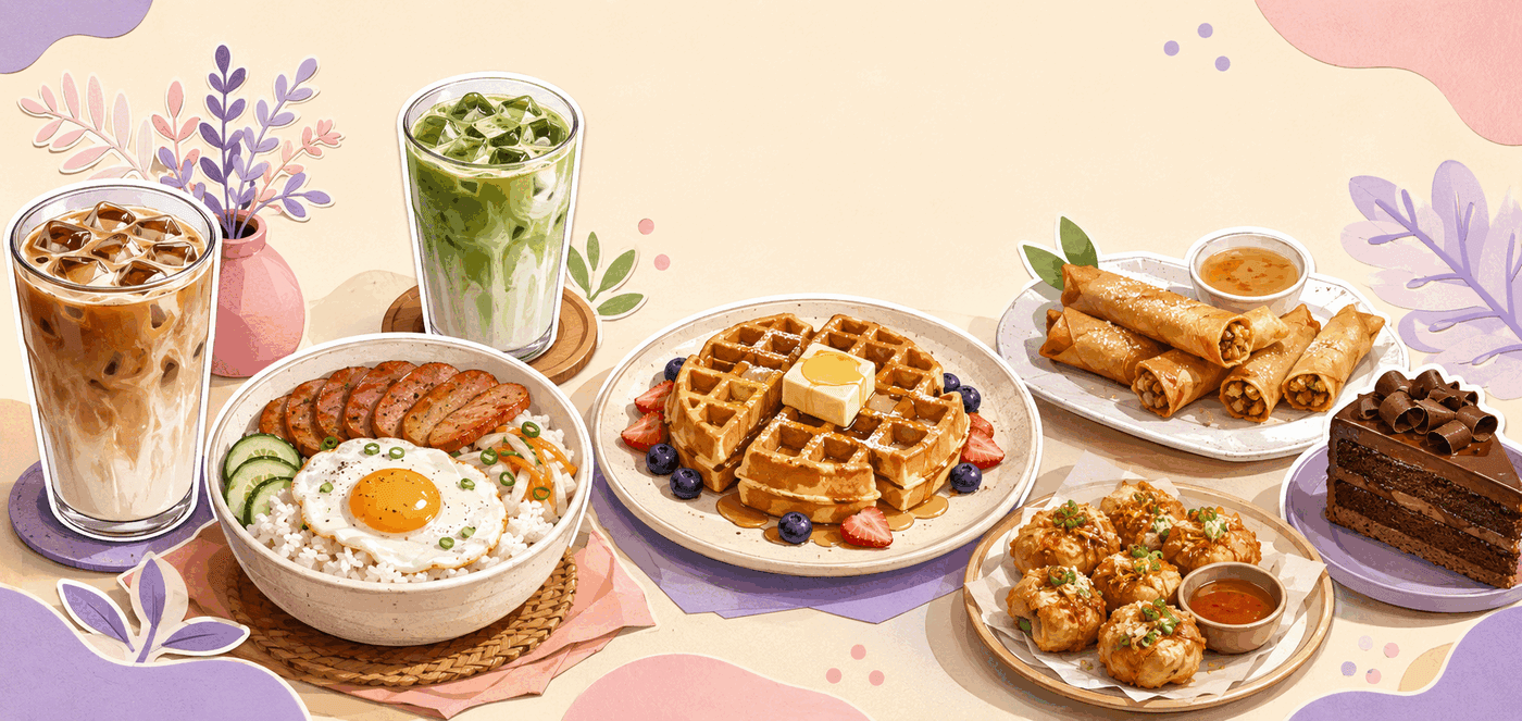 Illustrated Quickling drinks, rice meals, waffles, snacks, and sweets